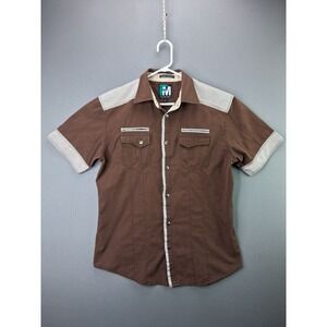 Franky Max Button Up Shirt Large Brown Short Sleeve Pinstripe Cotton Blend